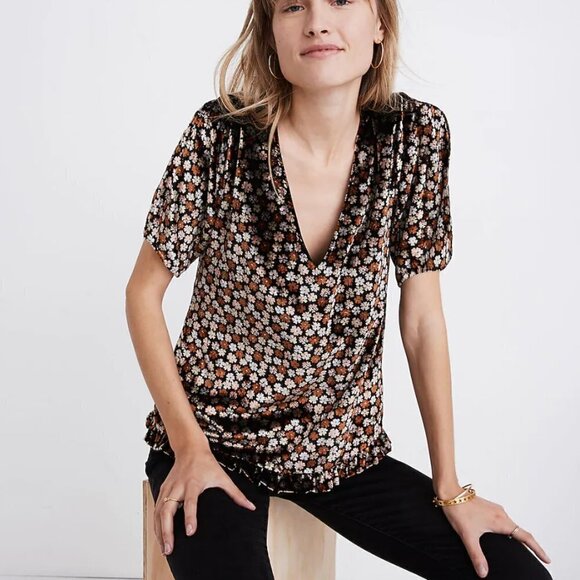 Madewell Velvet Tulip-Sleeve Ruffle Top in Petite Blooms - SMALL - Picture 1 of 10